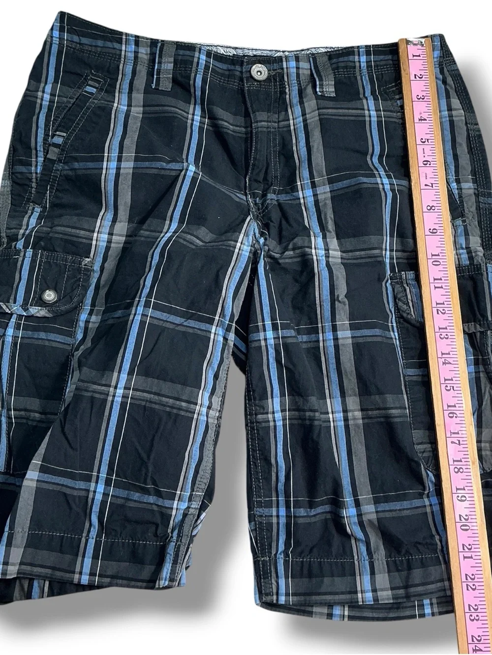 INC International Concepts Black and Blue Plaid Cargo Shorts